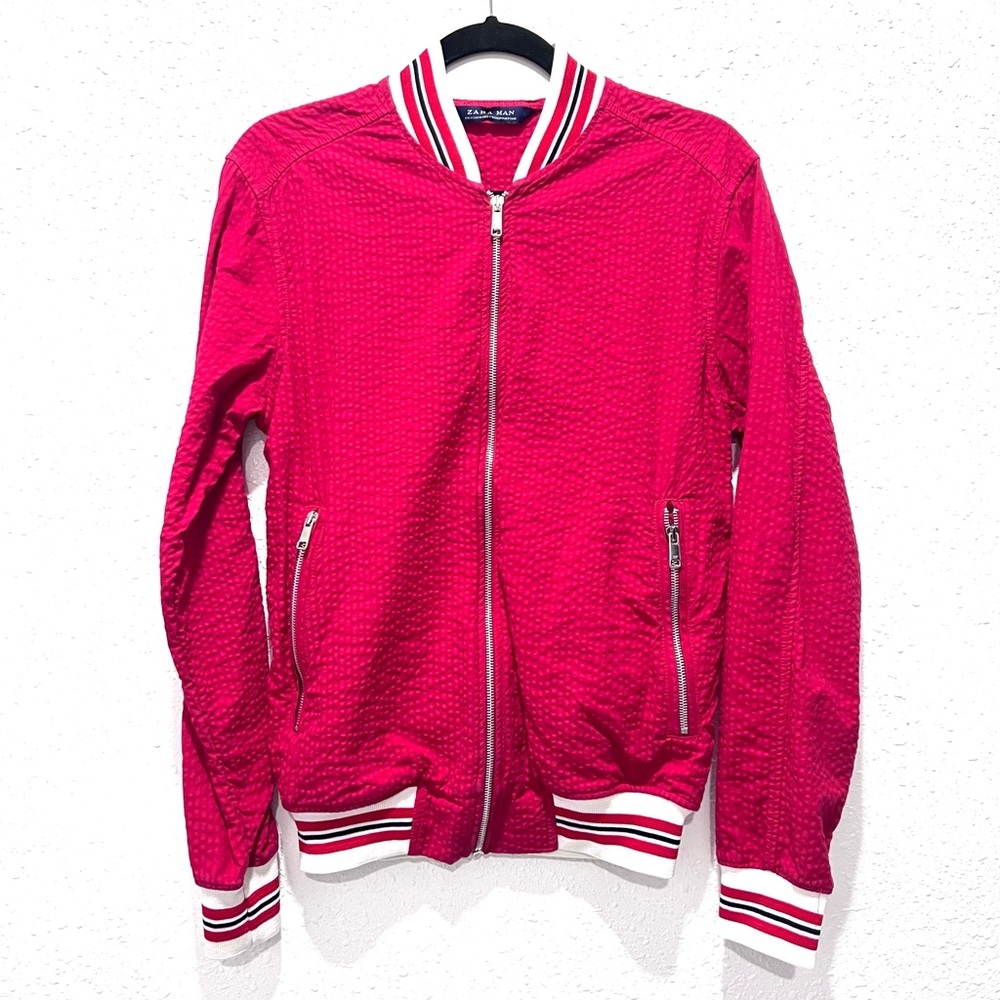 Zara Man Seersucker Bomber Jacket‎ in Red M